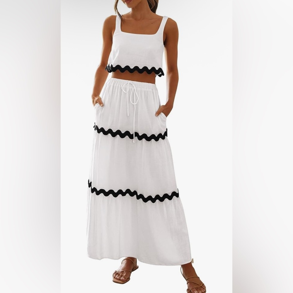 Chic White Crop Top and Maxi Skirt Set with Black Accents